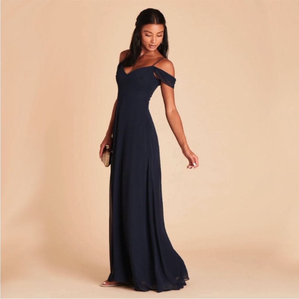 Birdy Grey Navy Devin Convertible off shoulder maxi gown dress size M